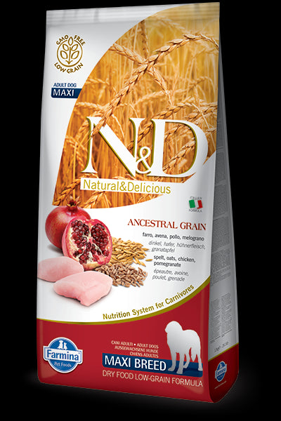 Hrana uscata pentru caini N&D Low Grain Pui si Rodie Adult Maxi 12 kg