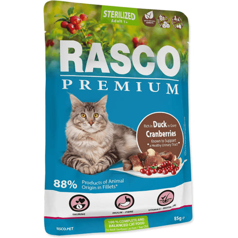 Hrana umeda pentru pisici Rasco Sterilizat Rata&Merisoare 85g