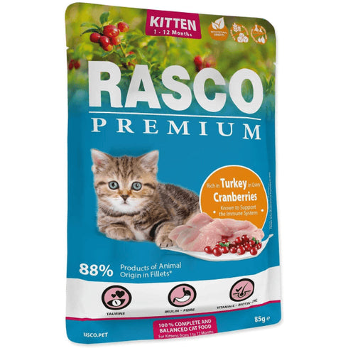 Hrana umeda pentru pisici Rasco Kitten Curcan&Merisoare 85g