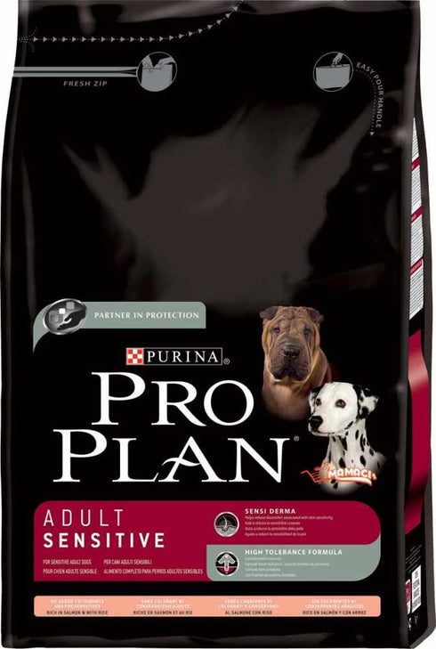 Hrana uscata pentru caini Pro Plan Dog Adult Sensitive cu somon si orez 3 kg
