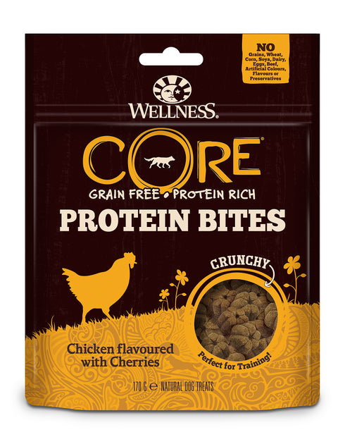 Recompense pentru caini Wellness Core Protein Bites Crunchy cu pui si cirese 170 g