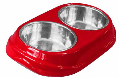 Castron rosu dublu din inox si melamina pentru caini 2 X 150 ml