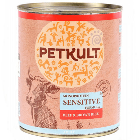 Hrana umeda pentru caini Petkult Sensitive cu vita si orez brun 800g
