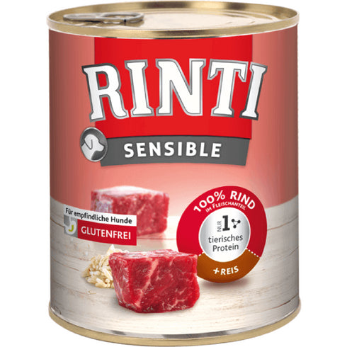Hrana umeda pentru caini Rinti Sensible cu vita si orez 800g