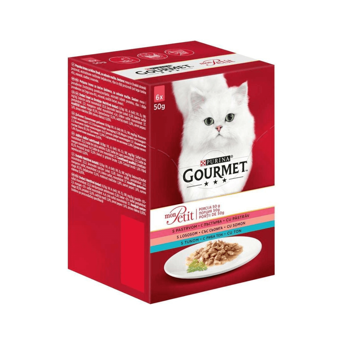 Hrana umeda pentru pisici Gourmet Mon Petit cu somon pastrav si ton Set 6 plicuri X 50 g - Animax