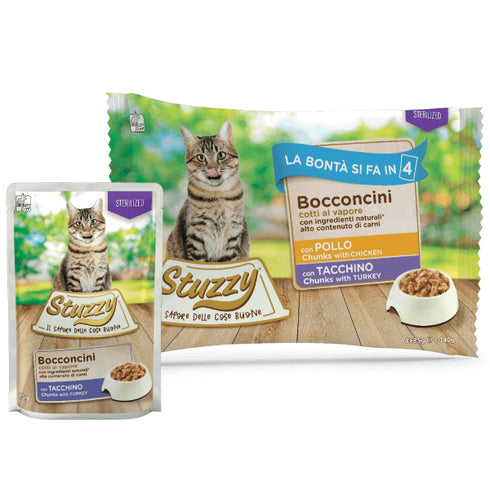 Hrana umeda pentru pisici Stuzzy Sterilized Bucati de pui si curcan in sos 4x85g