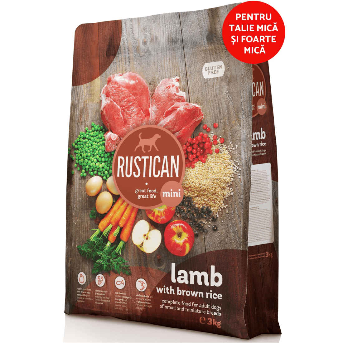 Hrana uscata pentru caini adulti de talie mica Rustican Mini Miel-Orez brun 1kg - Animax