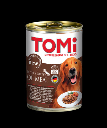 Hrana umeda pentru caini Tomi cu 5 feluri de carne 400g