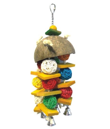 Jucarie pentru pasari mari Nuca Cocos&Bile Color 36cm