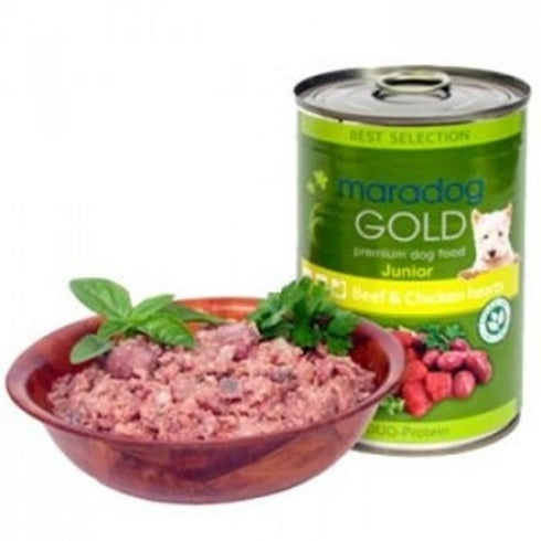 Hrana umeda pentru caini Maradog Gold Duo Protein Junior cu vita si inima de pui 400 g