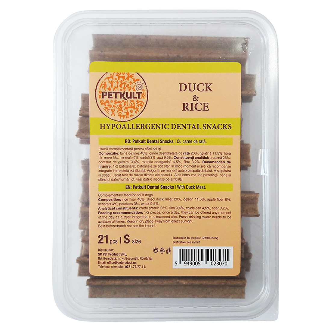 Recompense pentru caini Petkult Hypoallergenic Dental Snack cu rata si orez 21 bucati - Animax
