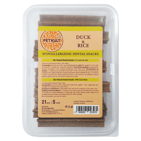 Recompense pentru caini Petkult Hypoallergenic Dental Snack cu rata si orez 21 bucati