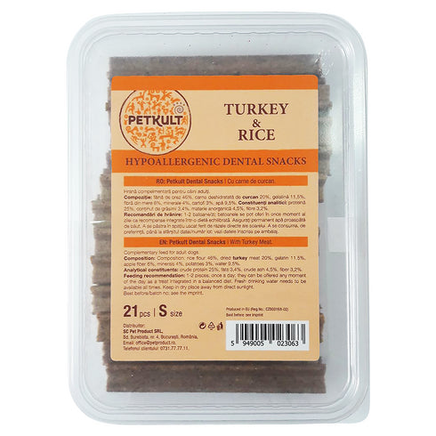 Recompense pentru caini Petkult Hypoallergenic Dental Snack cu curcan si orez 21 bucati