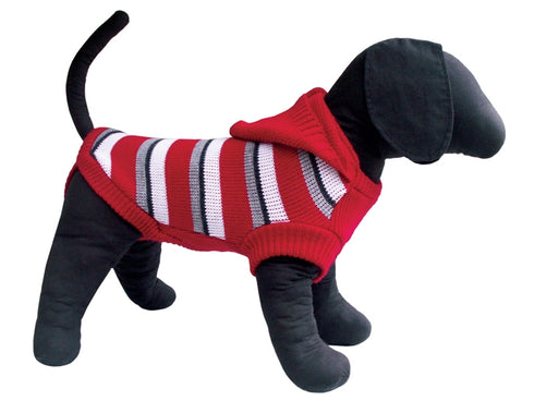 Pulover rosu tricotat cu gluga si dungi pentru caini Vesto 51 cm