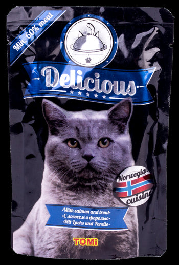 Hrana umeda pentru pisici Tomi Delicious Somon si Pastrav 100 g