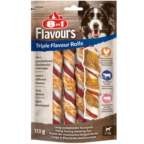 Recompense pentru caini 8in1 Triple Flavour Rolls 113g