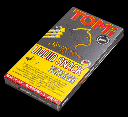Recompense pentru pisici Tomi Liquid Snack cu pui, ficat si biotina 8 X 15 g