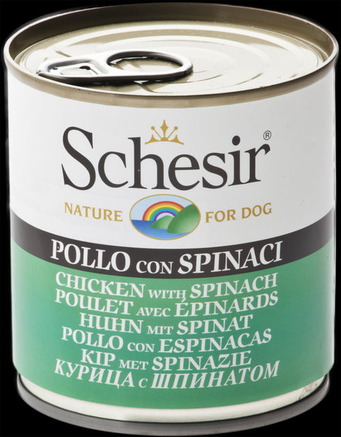 Hrana umeda pentru caini Schesir cu pui si spanac 285 g