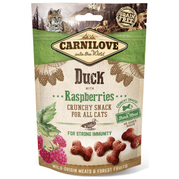 Recompense pentru pisici Carnilove Cat Crunchy Rata si zmeura 50g