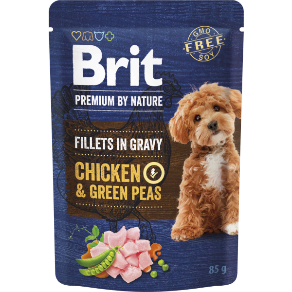 Hrana umeda pentru caini Brit Premium Fileuri de pui si mazare in sos 85g