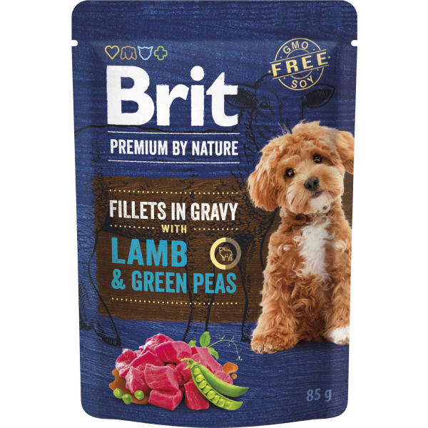 Hrana umeda pentru caini Brit Premium Fileuri de miel si mazare in sos 85g