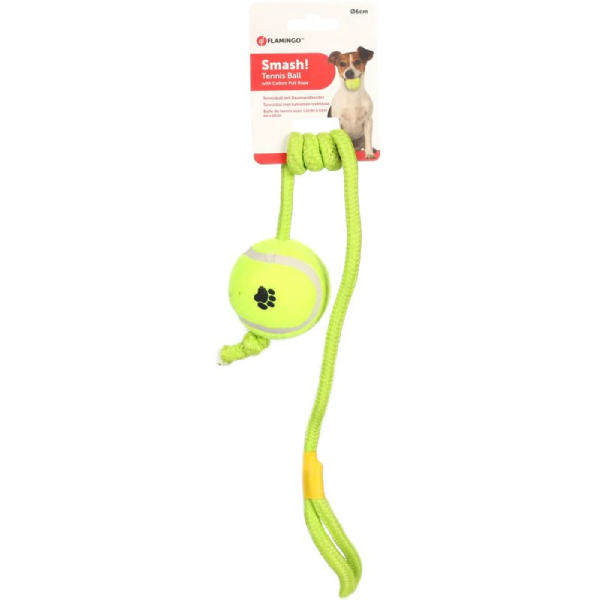 Jucarie pentru caini Flamingo Smash Minge tenis cu sfoara galbena 6cm