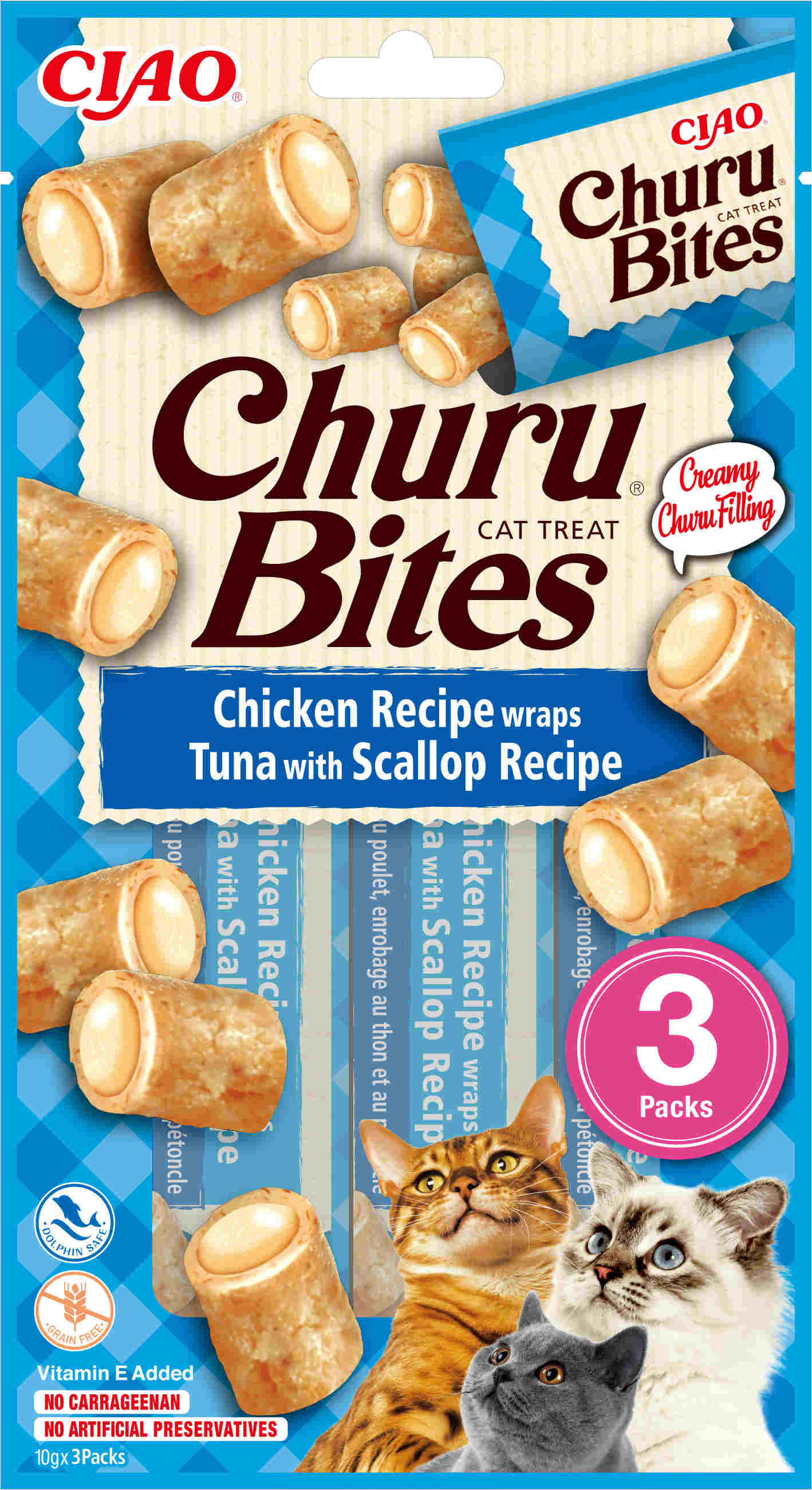 INABA CHURU Bites Recompensă pt. pisici, Pernuțe Ton/Scoici, Pachet 3 buc x 10g