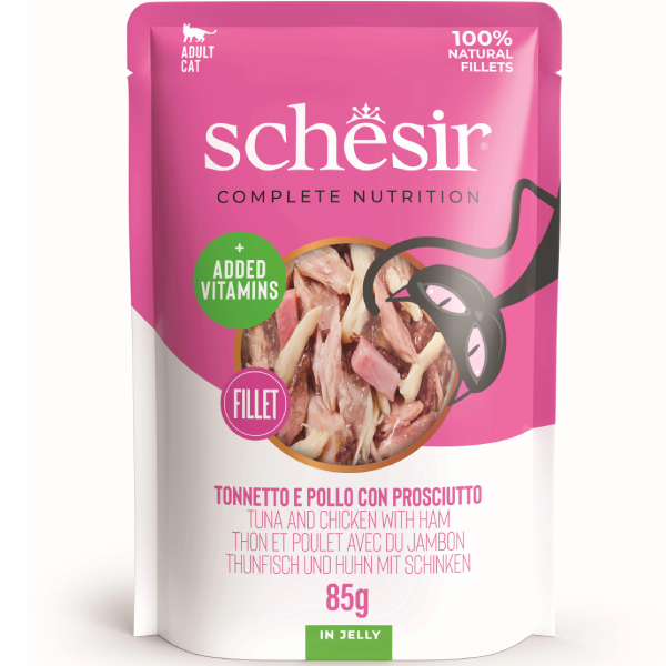 Hrana umeda pentru pisici Schesir Ton, Pui & Sunca Jelly 85g