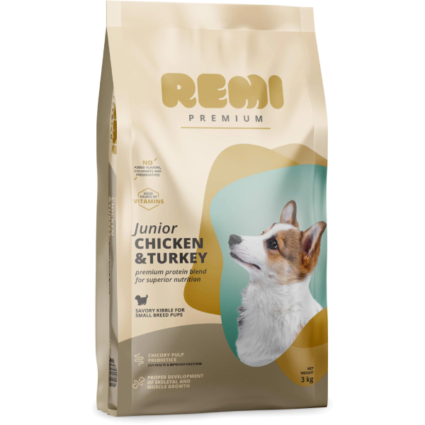Hrana uscata pentru caini Remi Premium Junior Small Pui si Curcan 3kg