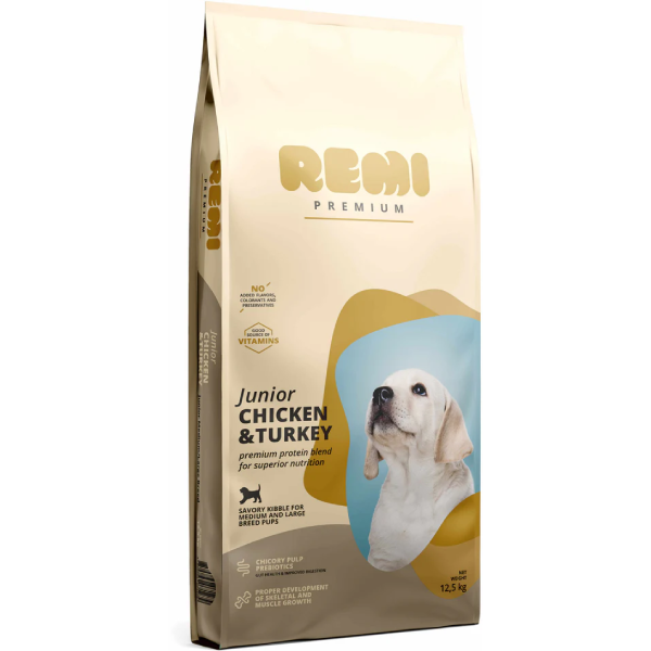 Hrana uscata pentru caini Remi Premium Dog Junior Medium&Large Pui si Curcan 12.5kg