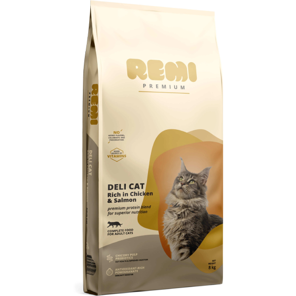 Hrana uscata pentru pisici Remi Premium Deli Pui si Somon 8kg