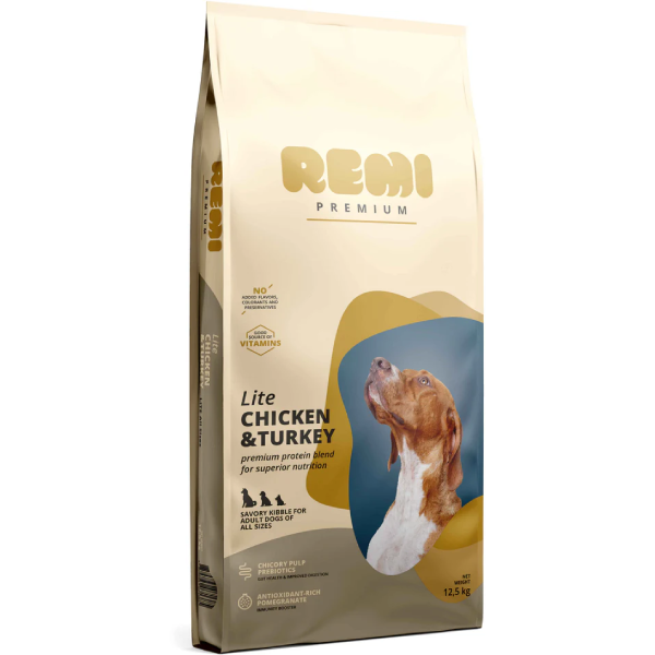 Hrana uscata pentru caini Remi Premium Dog Lite Pui si Curcan 12.5kg