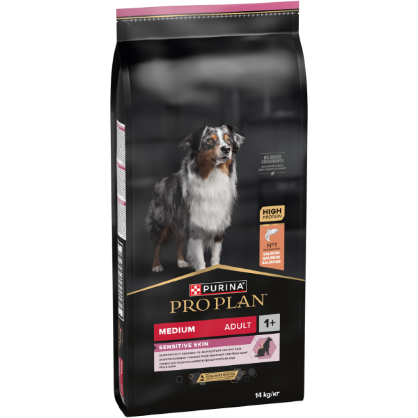 PRO PLAN® SENSITIVE SKIN Adult, bogat în somon, talie medie, hrană uscată pentru câini, 14kg