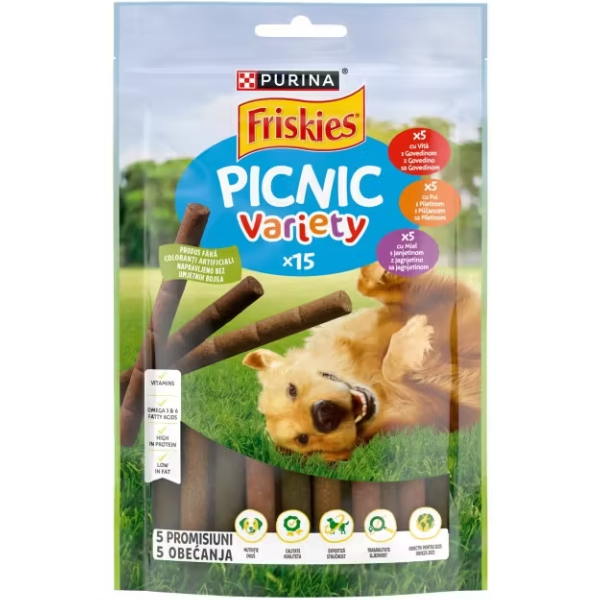 Recompensa pentru caini PURINA® FRISKIES® PICNIC VARIETY, cu Vită, Pui și Miel 126g