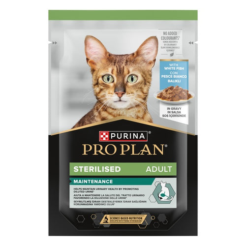 PURINA® PRO PLAN® STERILISED MAINTENANCE, cu Pește alb în sos, hrană umedă pentru pisici, 85g