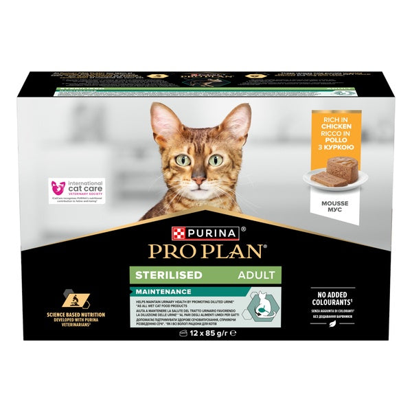 PURINA® PRO PLAN® STERILISED MAINTENANCE Adult, pate cu Pui, hrană umedă pentru pisici, 12x85g