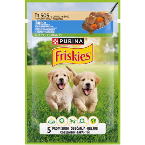 Hrana umeda pentru caini PURINA® FRISKIES® JUNIOR, cu Pui și Morcovi în sos 85g