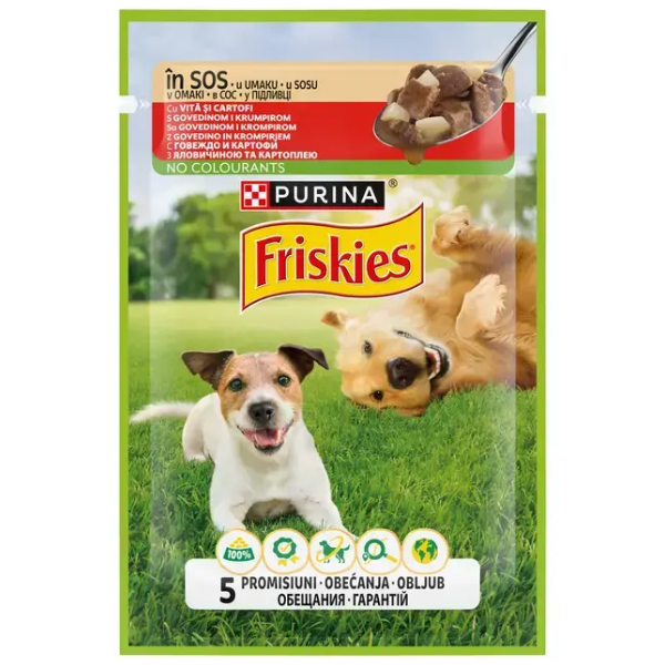 Hrana umeda pentru caini PURINA® FRISKIES® ADULT, cu Vită și Cartofi în sos 85g