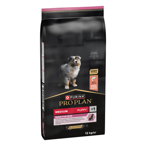 PRO PLAN® SENSITIVE SKIN Junior, bogat în somon, talie medie, hrană uscată pentru puii de câine, 12kg