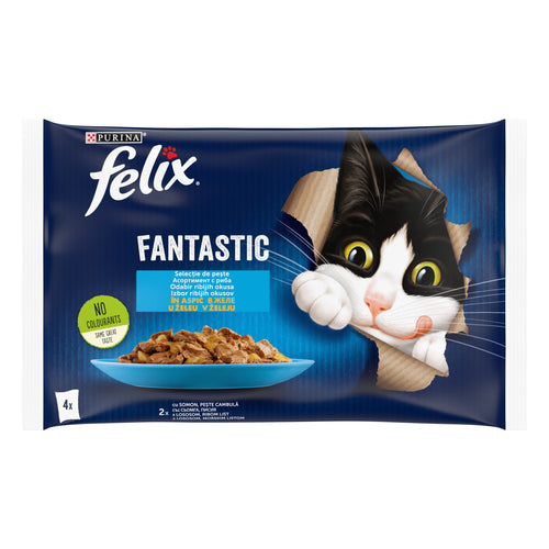 PURINA® FELIX® FANTASTIC Selecție de Pește, cu Somon, Pește Cambulă în aspic, hrană umedă pentru pisici, 4x85 g