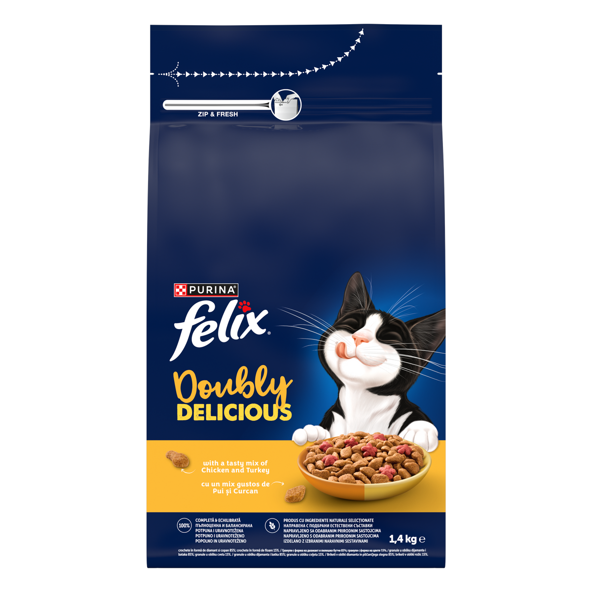 PURINA® FELIX® Doubly Delicious, Adult, cu Pui și Curcan, bogat în Sfeclă roșie, hrană uscată pentru pisici, 1,4kg