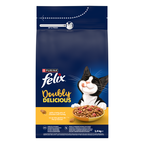 PURINA® FELIX® Doubly Delicious, Adult, cu Pui și Curcan, bogat în Sfeclă roșie, hrană uscată pentru pisici, 1,4kg