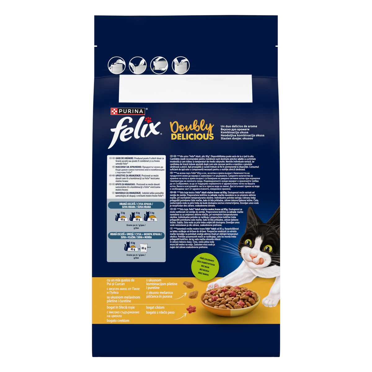 PURINA® FELIX® Doubly Delicious, Adult, cu Pui și Curcan, bogat în Sfeclă roșie, hrană uscată pentru pisici, 1,4kg