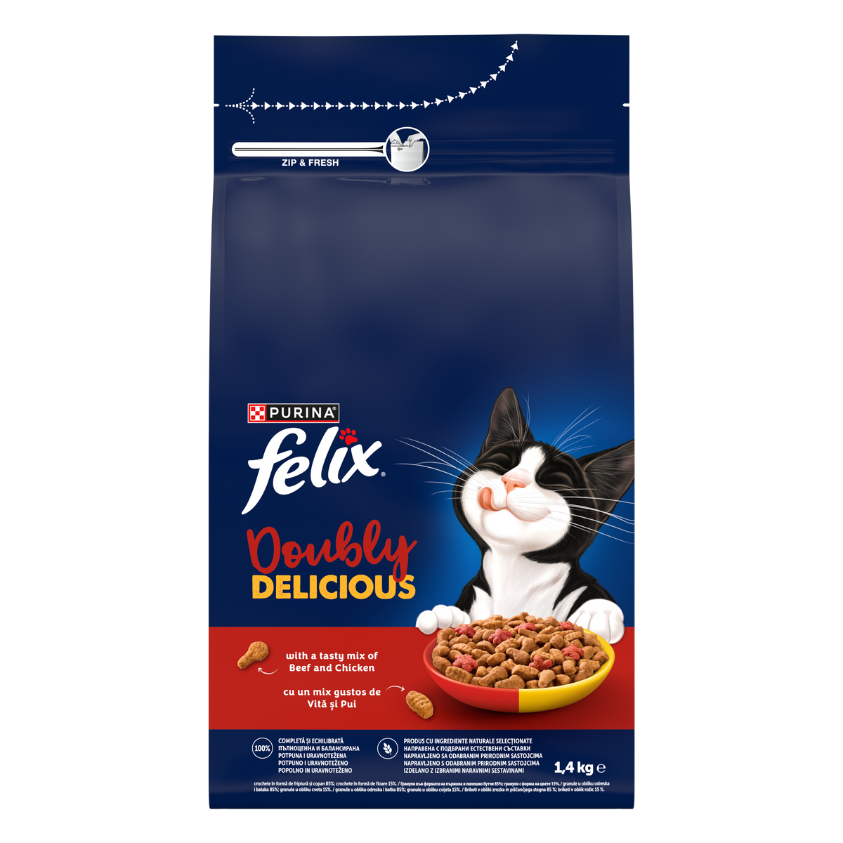 PURINA® FELIX® Doubly Delicious, Adult, cu Vită și Pui, bogat în Sfeclă roșie, hrană uscată pentru pisici, 1.4kg