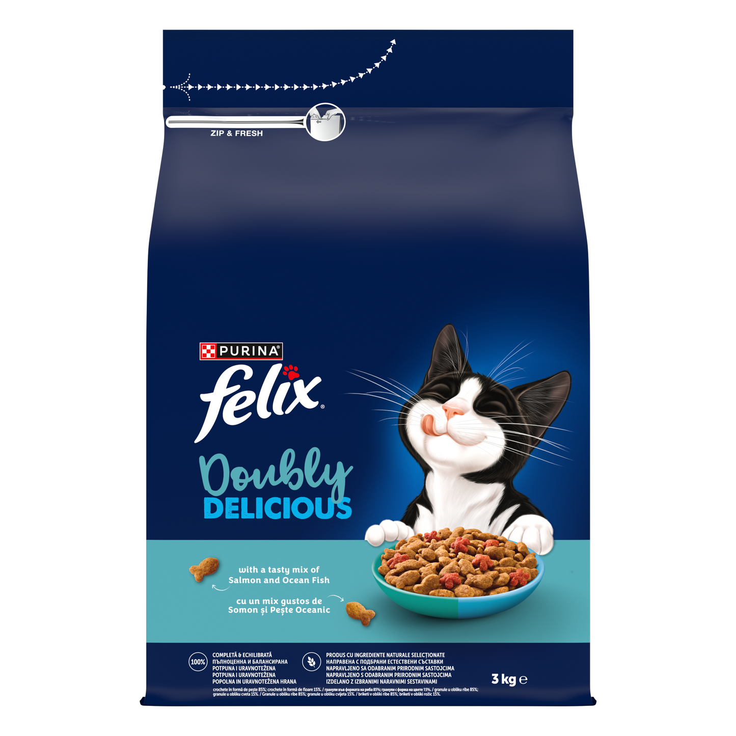 PURINA® FELIX® Doubly Delicious, Adult, cu Somon și Pește Oceanic, bogat în Sfeclă roșie, hrană uscată pentru pisici, 3kg