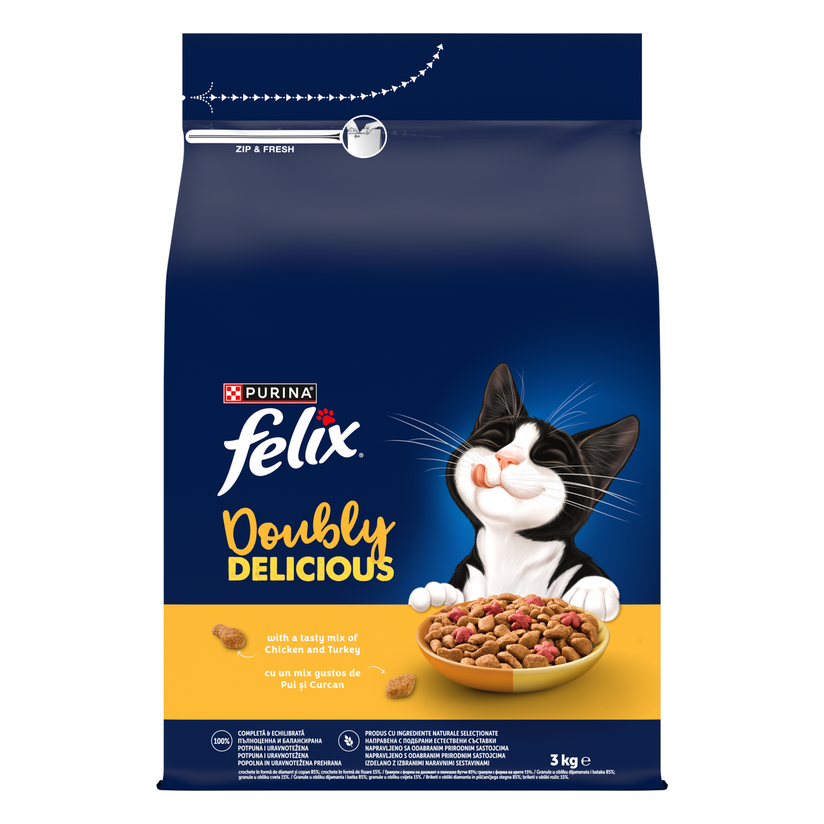 PURINA® FELIX® Doubly Delicious, Adult, cu Pui și Curcan, bogat în Sfeclă roșie, hrană uscată pentru pisici, 3kg