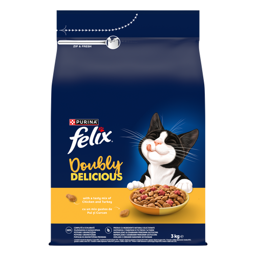 PURINA® FELIX® Doubly Delicious, Adult, cu Pui și Curcan, bogat în Sfeclă roșie, hrană uscată pentru pisici, 3kg