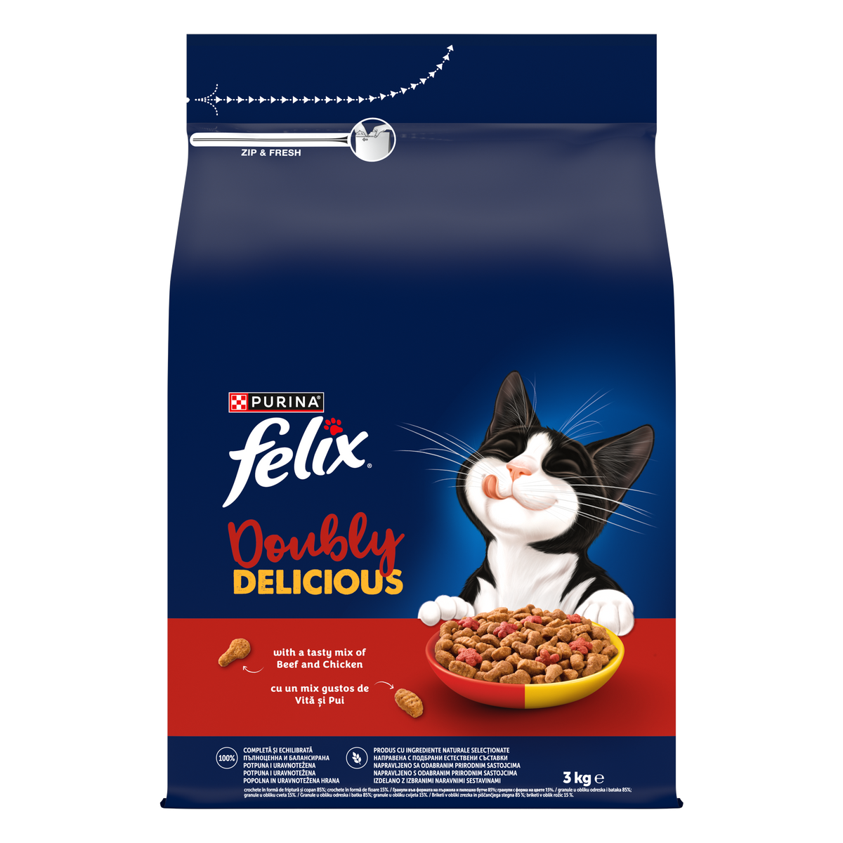 PURINA® FELIX® Doubly Delicious, Adult, cu Vită și Pui, bogat în Sfeclă roșie, hrană uscată pentru pisici, 3kg