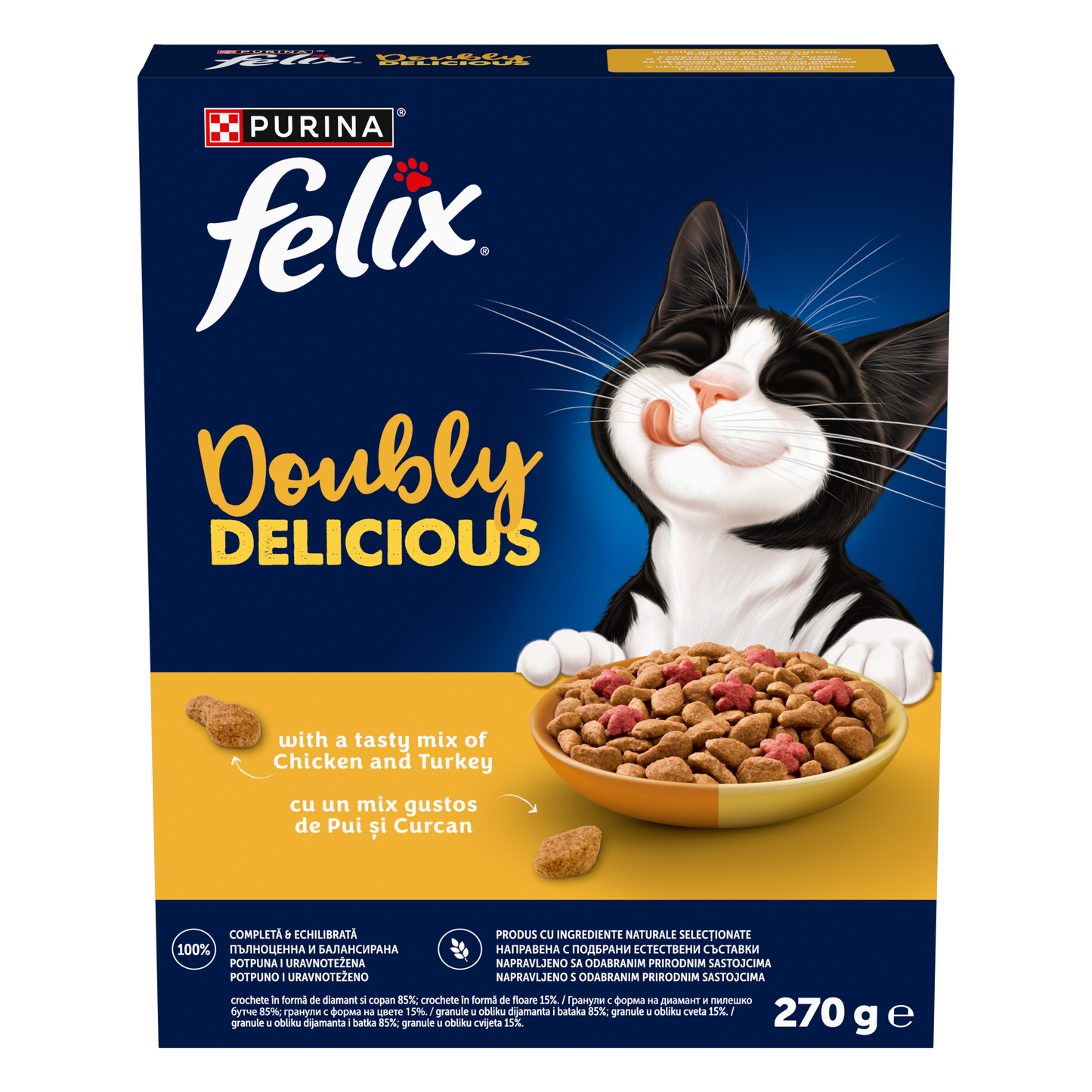PURINA® FELIX® Doubly Delicious, Adult, cu Pui și Curcan, bogat în Sfeclă roșie, hrană uscată pentru pisici, 270g