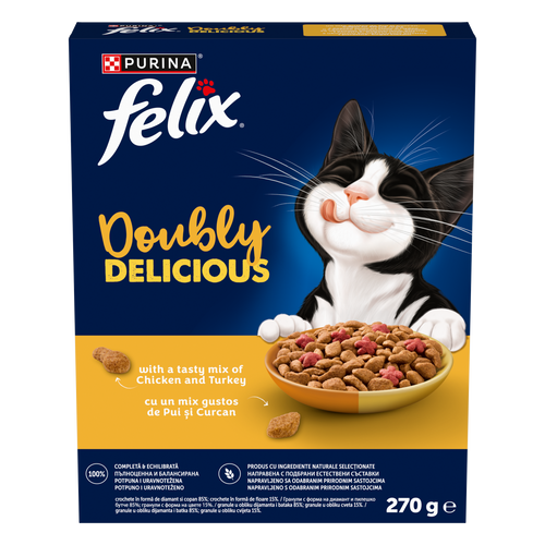 PURINA® FELIX® Doubly Delicious, Adult, cu Pui și Curcan, bogat în Sfeclă roșie, hrană uscată pentru pisici, 270g